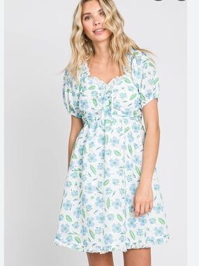 Altar'd State White Mini Dress with Blue Floral and Green Leaf Print NWT size L